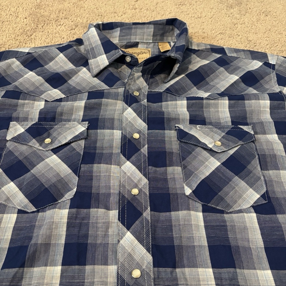 Vintage Wrangler Wrancher‎ Western Pearl Snap Shirt Blue Plaid Long Sleeve 2XL - Picture 2 of 9